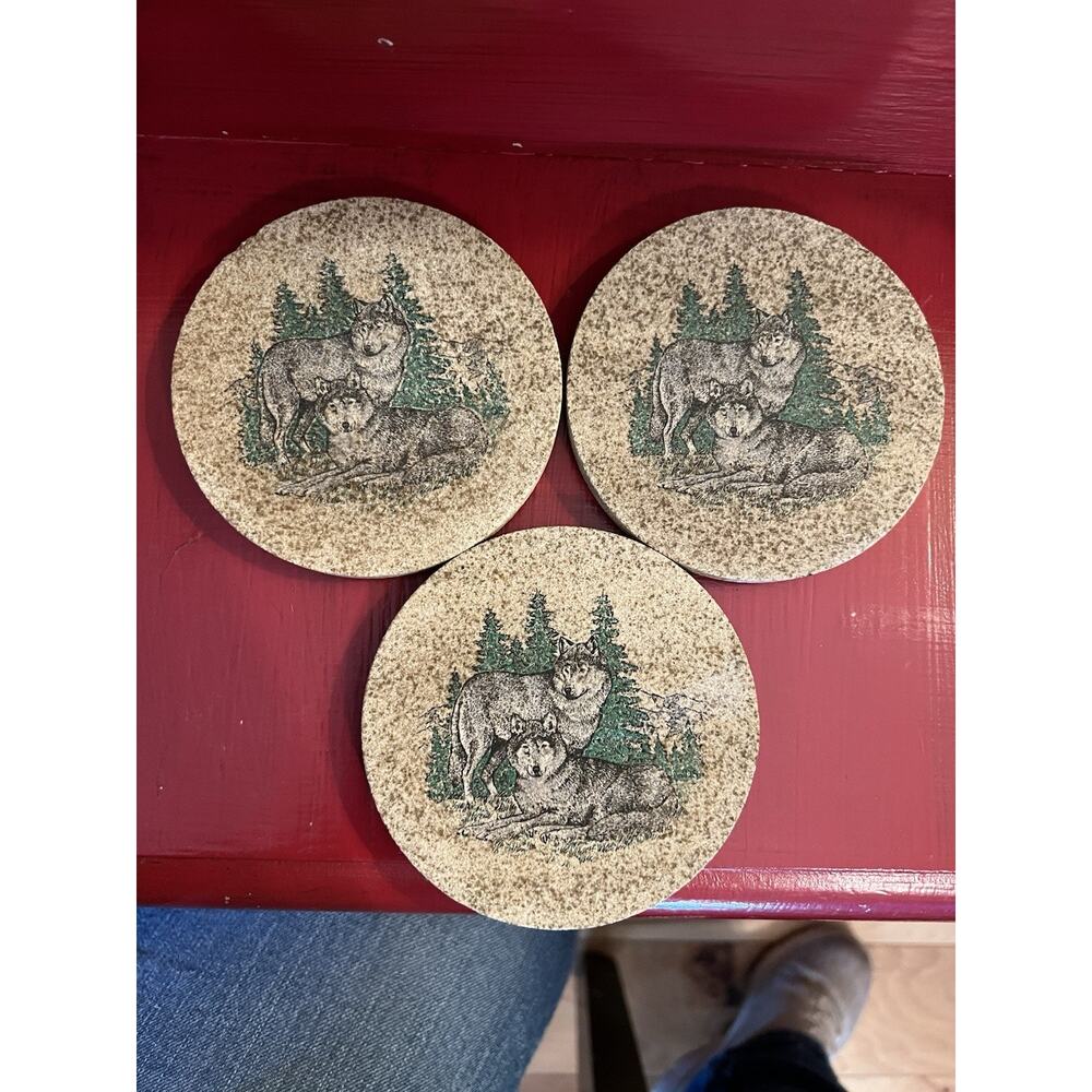Wolves in Forest Cork Back 4" Round Coasters Set Of 3 Natural Stone